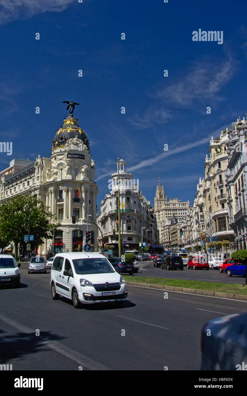 View on Calle De Alcala in Madrid, with the famous Metropolis building Circulo de Bellas Artes and telefonica building. Stock Photo