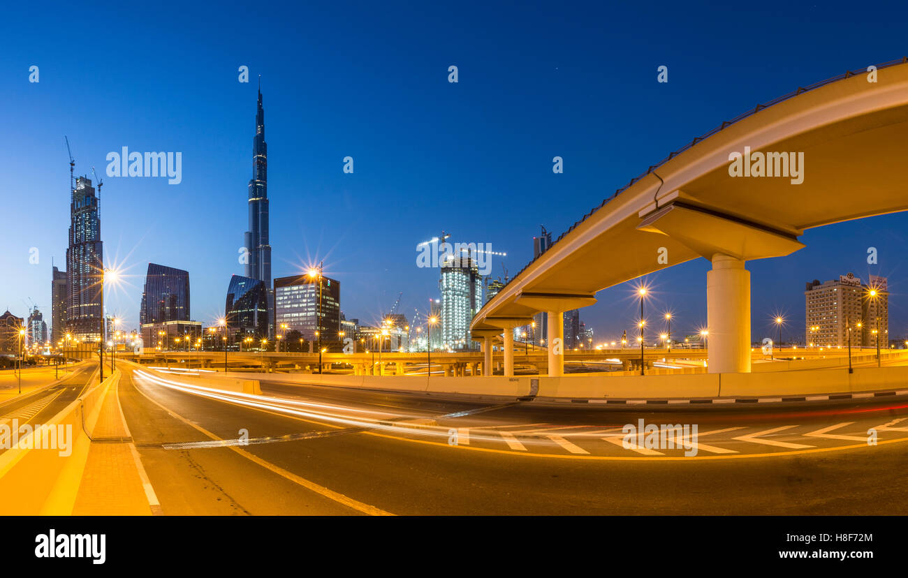 Sheikh Zayed Rd Sheikh Zayed Road skyline and Burj Khalifa, twilight, downtown, Dubai ...
