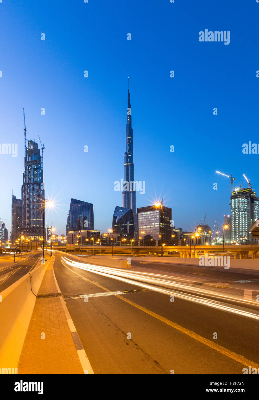 Sheikh Zayed Road skyline and Burj Khalifa, twilight, downtown, Dubai Stock Photo