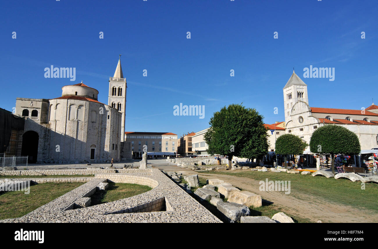 Roman Forum with St. Donat's Church, Campanile of St Anastasia's Cathedral, and St Mary's Church in Zadar, Dalmatia, Croatia Stock Photo