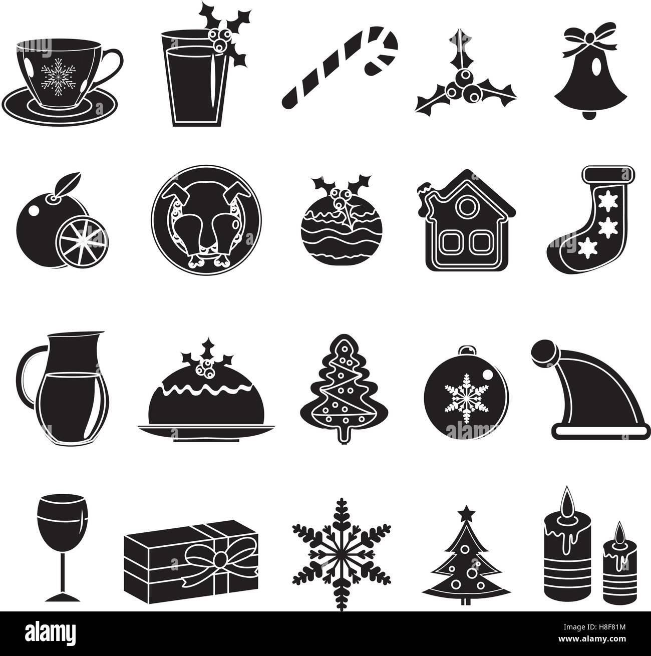 Christmas black silhouette icons set.  of traditional  symbols.  design elements.Vector illustration Stock Vector