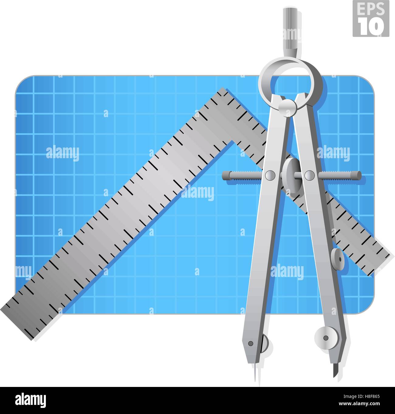 Architectural compass, metal square ruler, and construction blue print Stock Vector