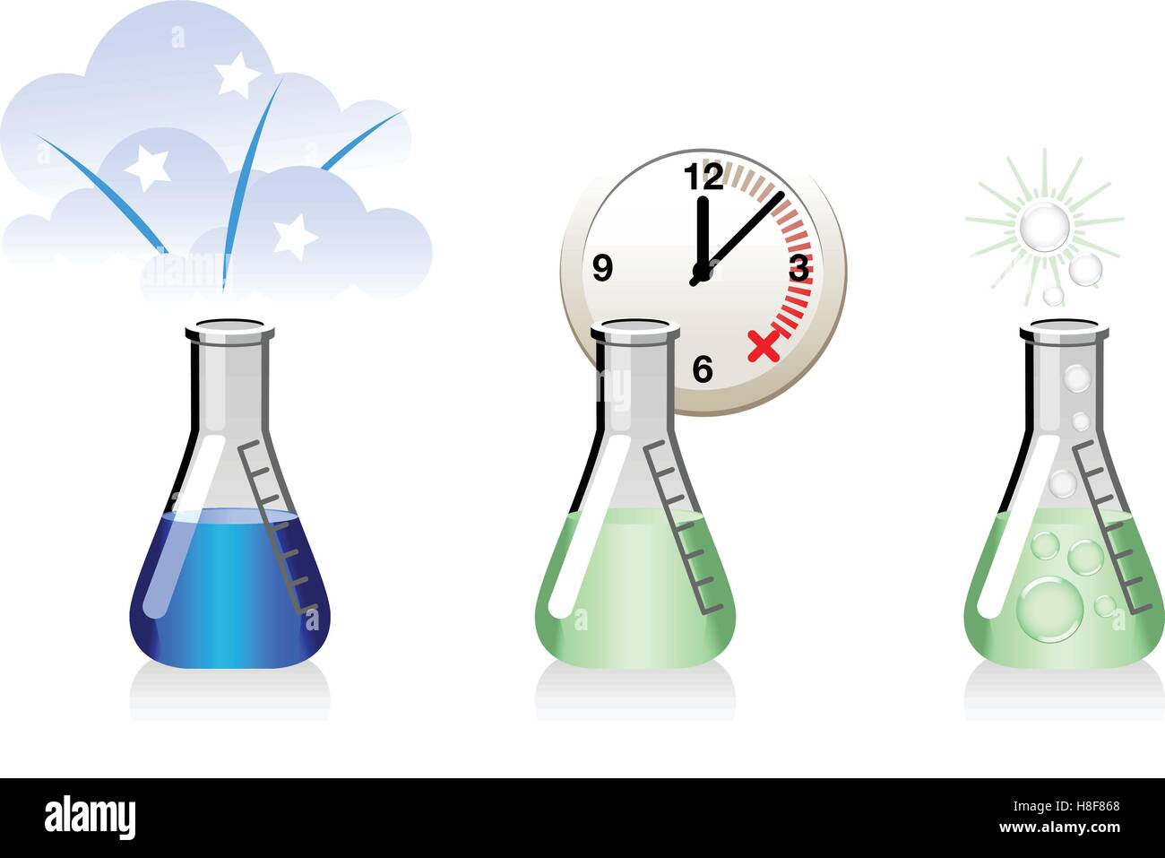 Glass beakers, chemical experiment process icons Stock Vector
