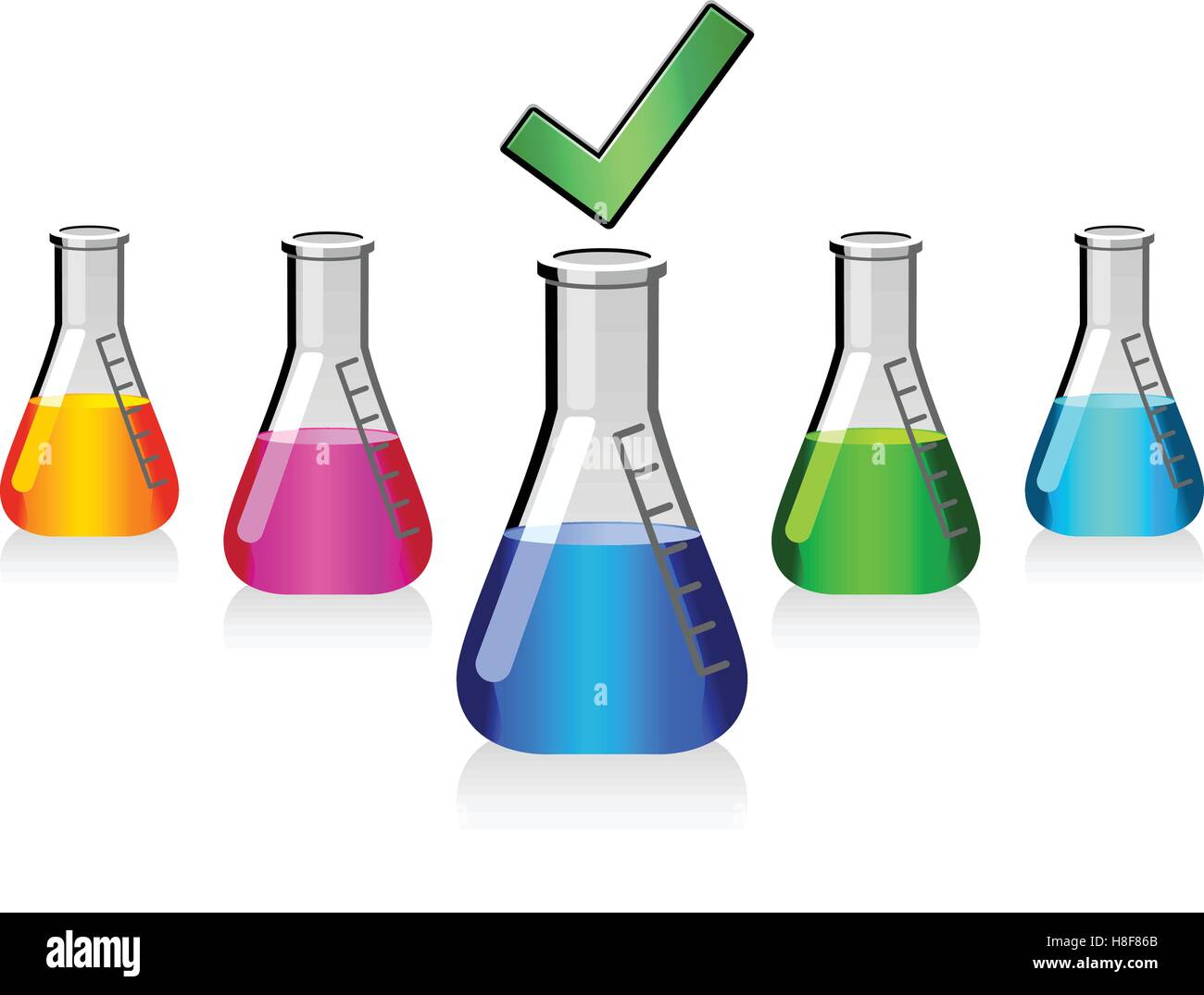 Glass beaker experiment with different liquids and check mark Stock Vector