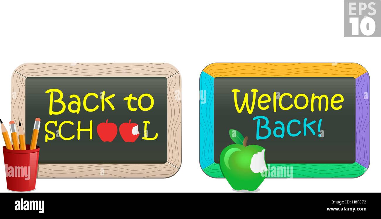 Back to school blackboard with pencils and welcome back message with green apple Stock Vector