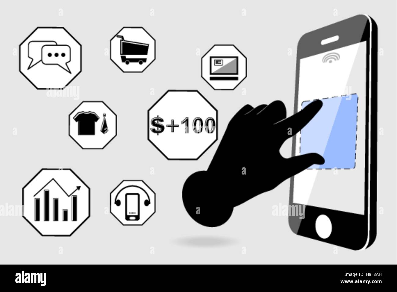 Smart phone touchscreen application and mobile connection icon vector ...