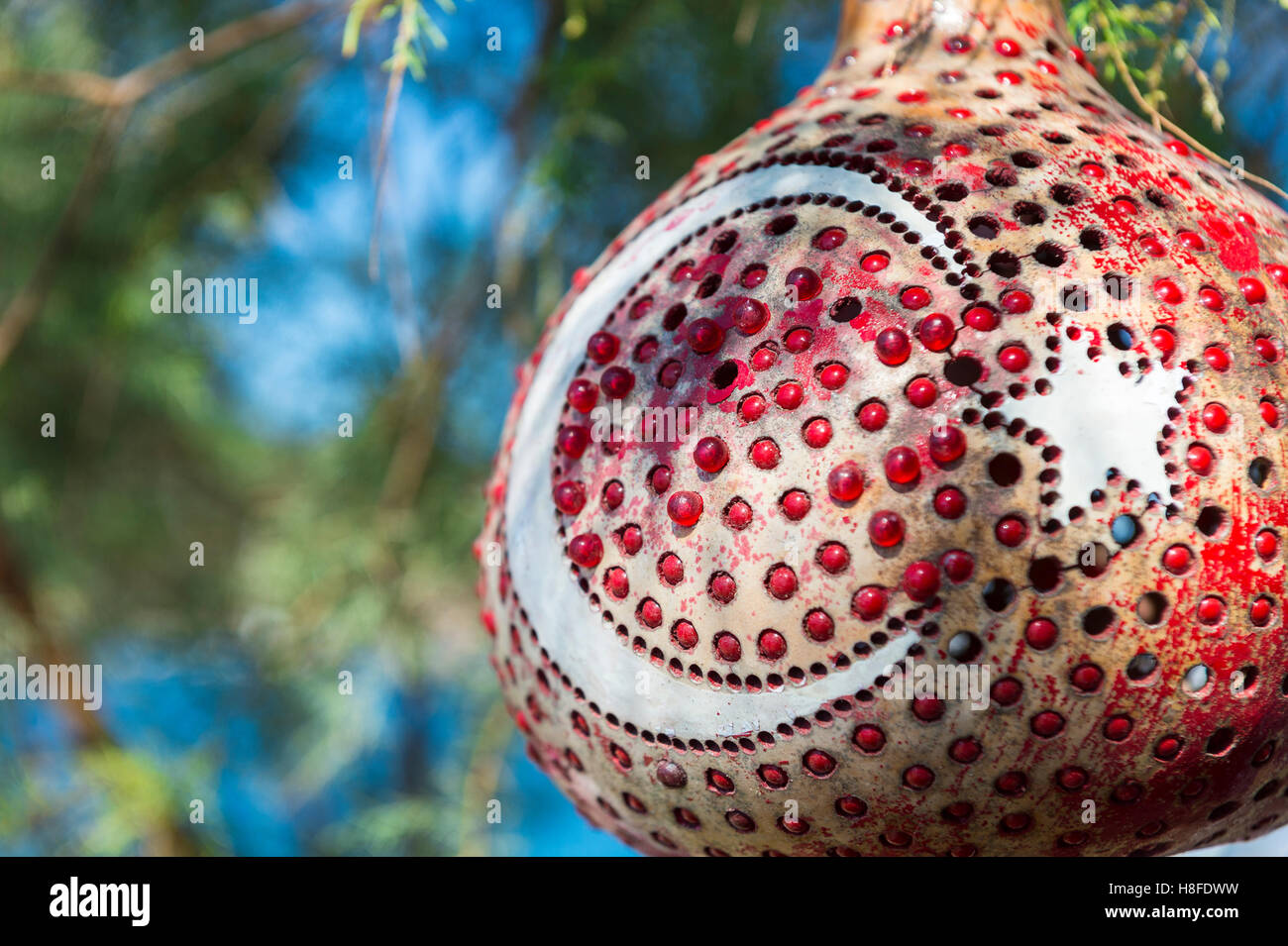 Gourd decorated with the crescent moon and star shape of the Turkish flag hanging from the trees in the resort of Bodrum, Turkey Stock Photo
