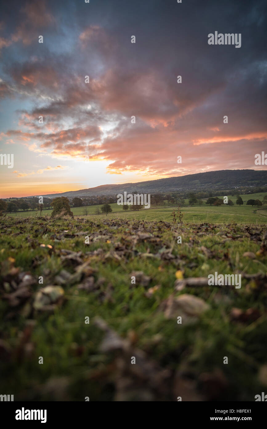 Stunning dramatic orange and red sunrise over the famous Otley Chevin, taken from Otley in November 2016 Stock Photo