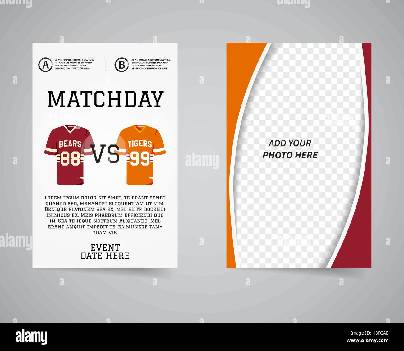 American football matchday back and front flyer template design. Usa Sport brand identity letterhead. Event Poster, brochure and banner with typography and photo frame. Vector illustration Stock Vector