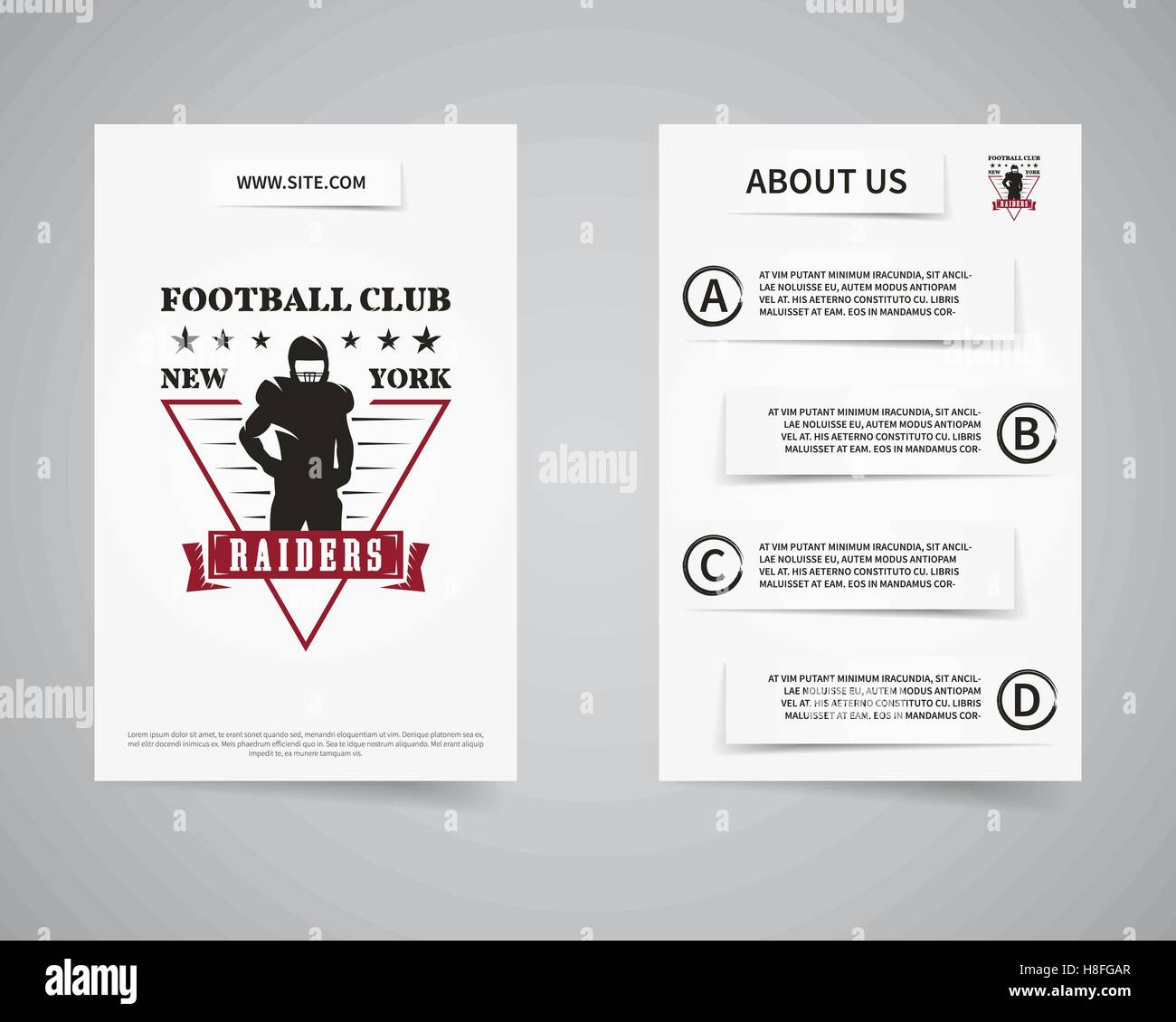 American football raiders team back and front flyer template design. Usa Sport brand identity letterhead. Event Poster and banner with typography and emblem, logo template. Vector illustration Stock Vector