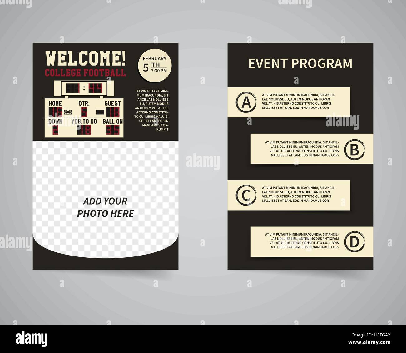 American football party back and front flyer template design. Usa Sport brand identity letterhead. Event Poster and banner with typography and emblem, logo template. Vector illustration Stock Vector