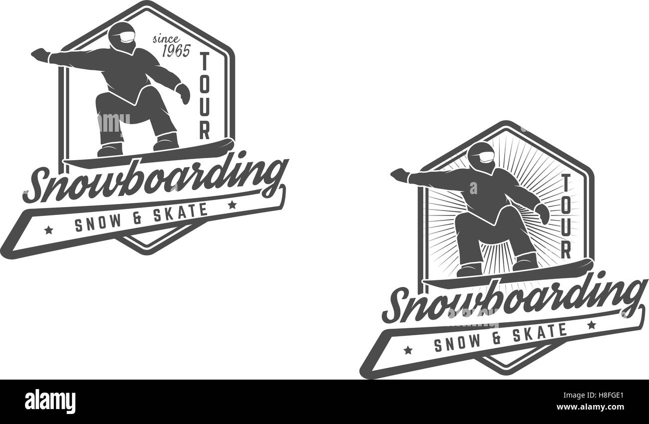 Set of Snowboarding logo, label templates. Winter sport badges. Extreme Emblem and icon. Adventure insignia. Vector monochrome design Stock Vector