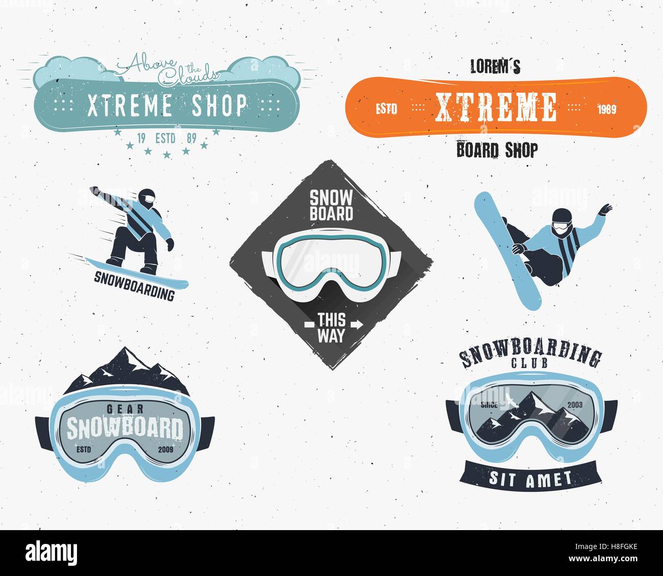 Set of Snowboarding extreme logo and label templates. Winter snowboard sport store badge. Emblem and icon. Mountain Adventure insignia, symbol and element Vector vintage color style. Retro design. Stock Vector