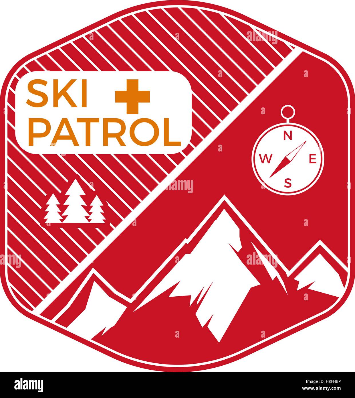 Ski Patrol Label. Vintage Mountain winter sports explorer badge. Outdoor adventure logo design. Travel hand drawn and hipster color emblem. First aid icon symbol. Wilderness Vector. Stock Vector