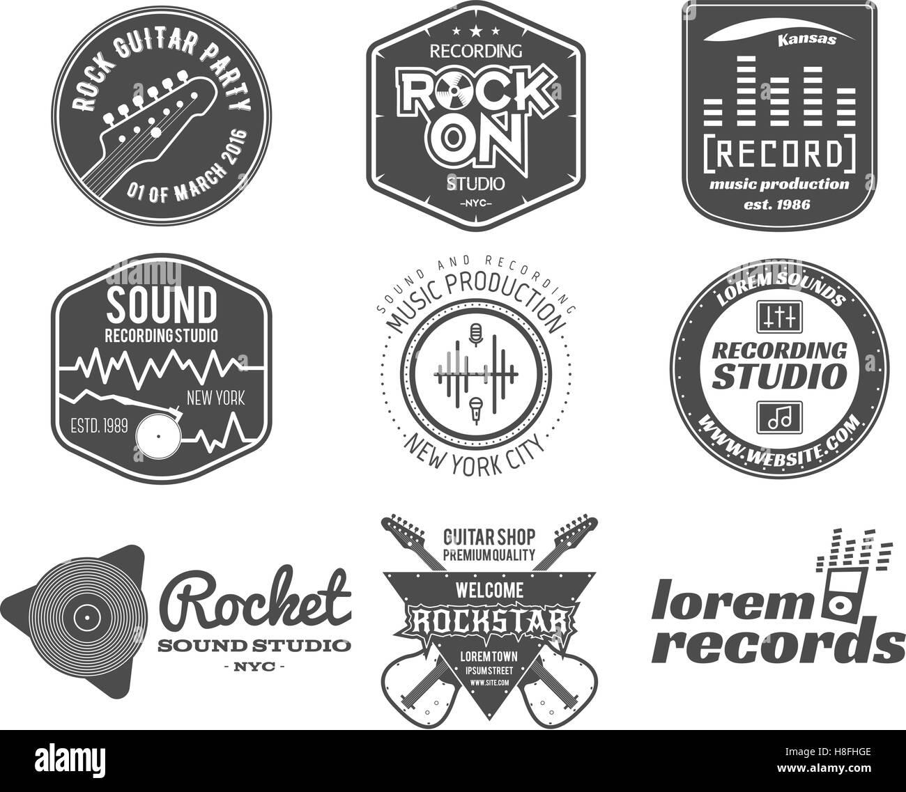 Set of vector music production logo,label, sticker, emblem, print or logotype with elements  guitar for sound recording studio, t-shirt or sound production Podcast and radio badges, typography design Stock Vector