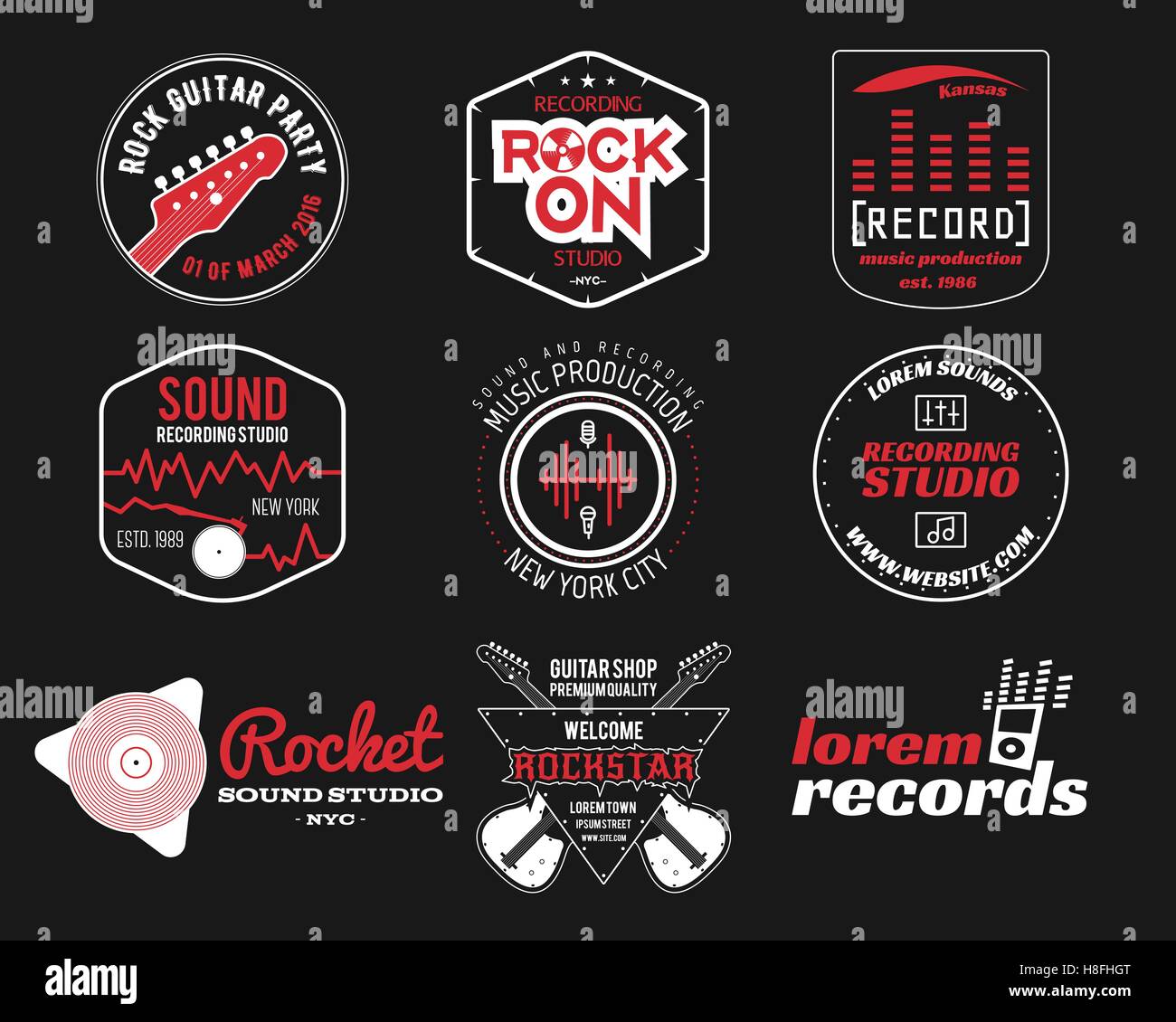 Set of vector music production logo,label, sticker, emblem, print or logotype with elements - guitar, vinyl for sound recording studio, sound production Podcast and radio badges, typography design. Stock Vector