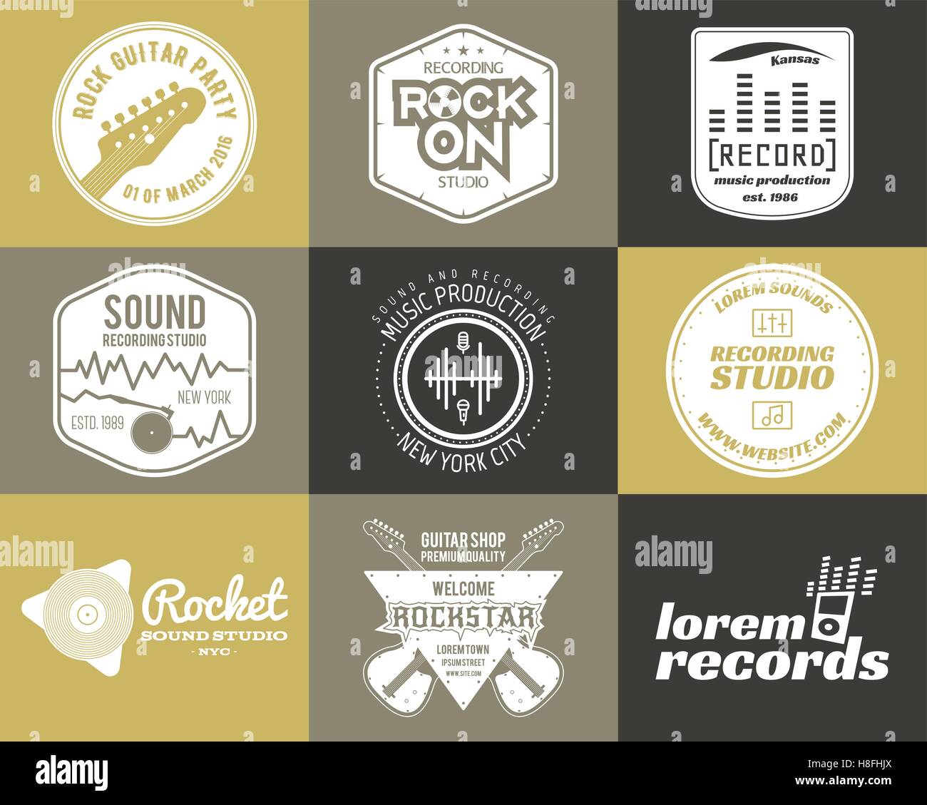 Set of vector music production logo Musical label icons. Music sticker and emblem, print or logotype Guitars badge for sound recording studio t shirt sound production Podcast, radio badges. Music icon Stock Vector