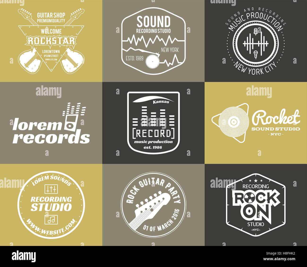 Set of vector music production logo Musical label icons. Music sticker and emblem print or logotype Guitar badge for sound recording studio t shirt, sound production Podcast, radio badges. Music icon Stock Vector