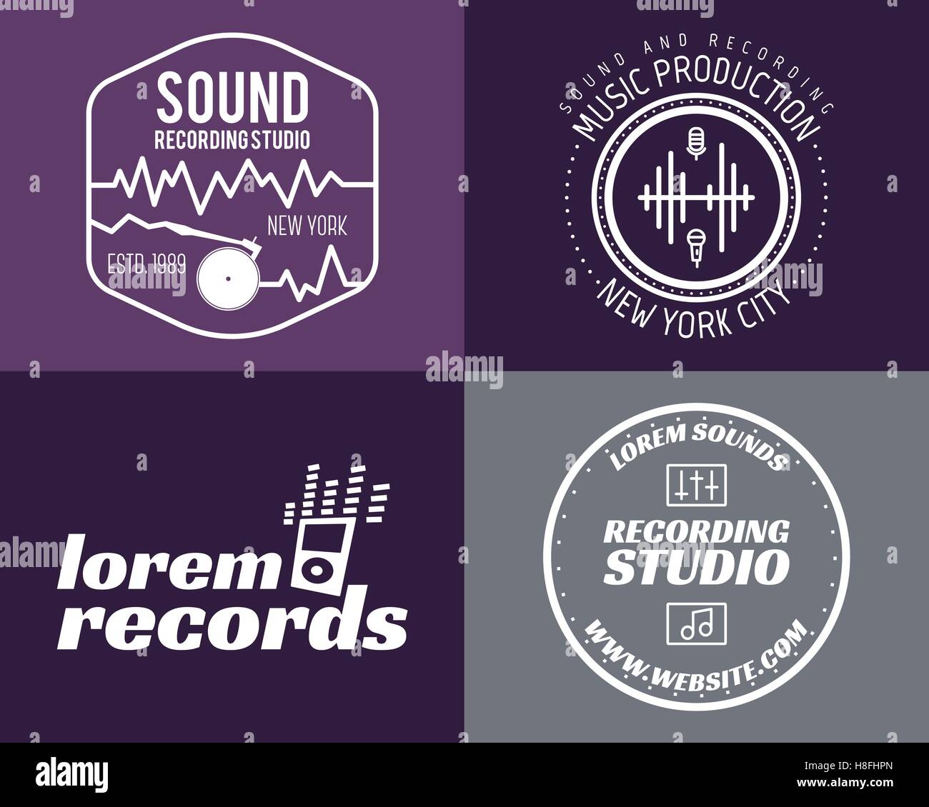 Vector music production studio logos set. Musical label icons. Music insignia and emblems print or logotype. Guitars badge for sound recording studio t-shirt, sound production. Podcast, radio badges. Stock Vector