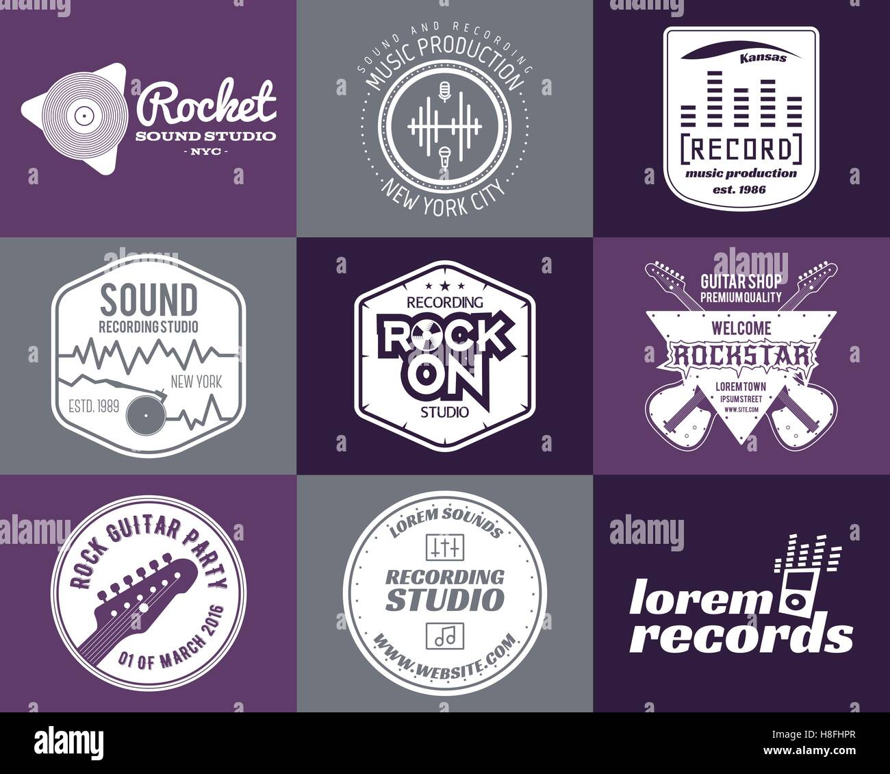 Set of vector music production logo. Musical label icons. Music patch and emblem print or logotype Guitars badge for sound recording studio t shirt, sound production Podcast, radio badges. Music icon. Stock Vector