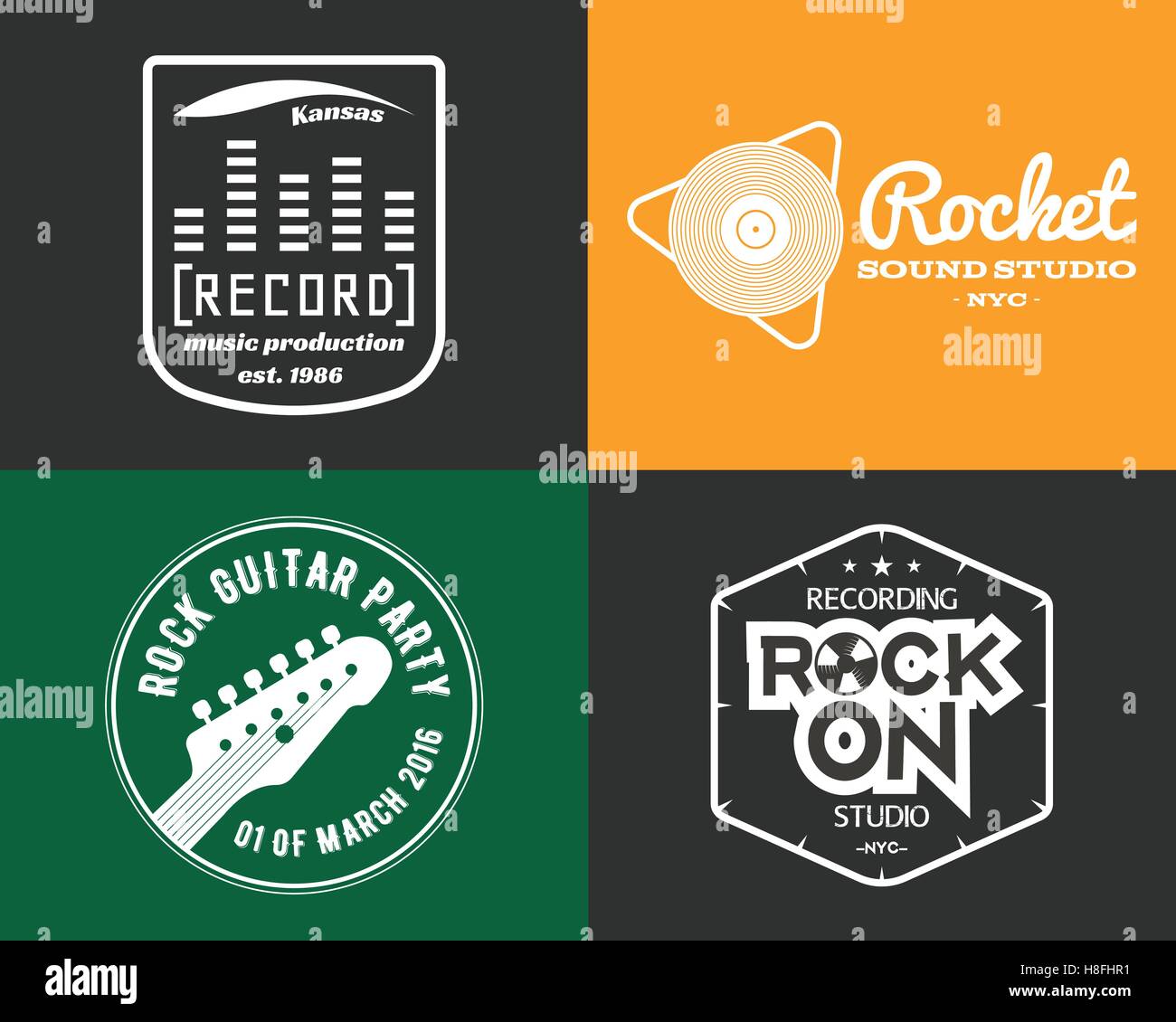 Vector music production studio logos set. Musical label icons. Music insignia and emblems print or logotype. Guitars badge for sound recording studio t shirt, sound production. Podcast, radio badges. Stock Vector