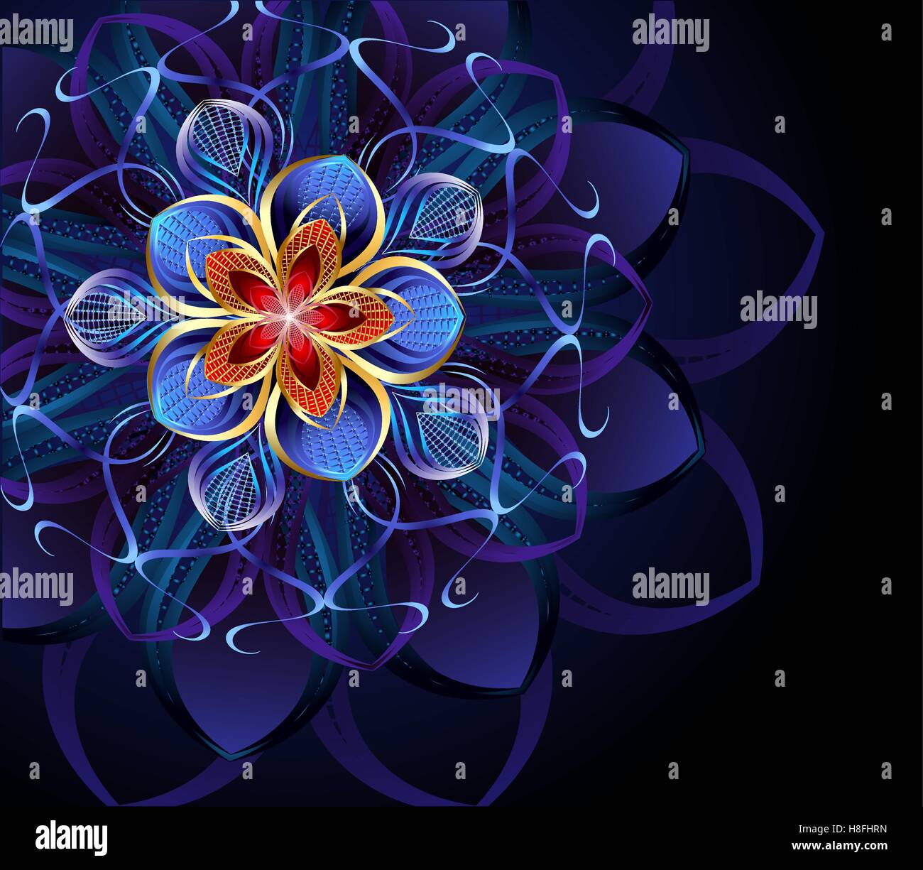 luxurious, abstract blue flower on a dark glowing background. Stock Vector