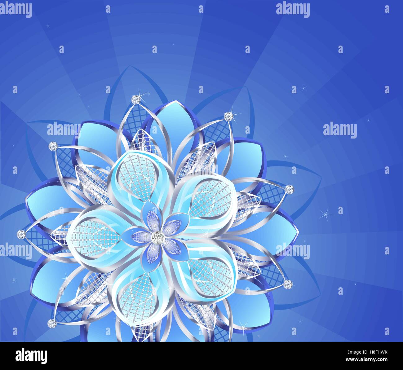 abstract flower jewelry from sparkling silver on a blue glowing background. Stock Vector