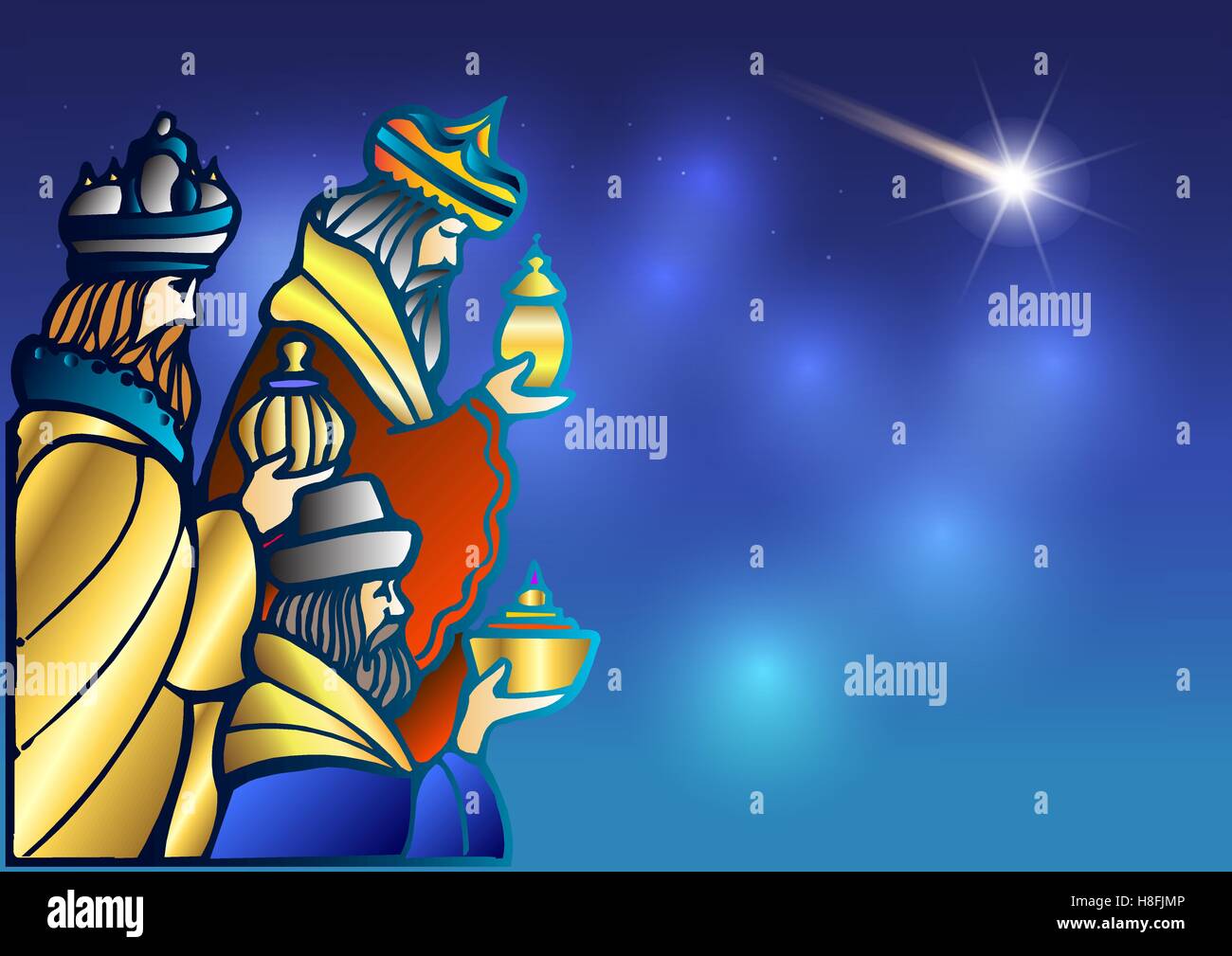 Biblical Christmas vector illustration: three Wise Men are visiting the new King of Jerusalem 