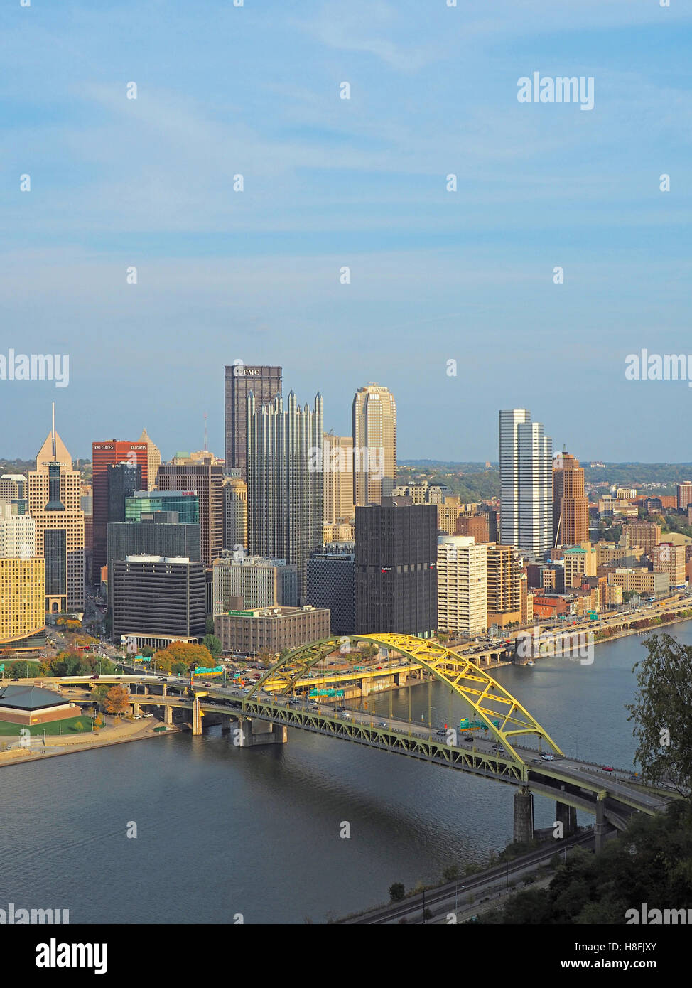 Pittsburgh, Pennsylvania, downtown skyline with highway bridge over Monongahela River. Stock Photo