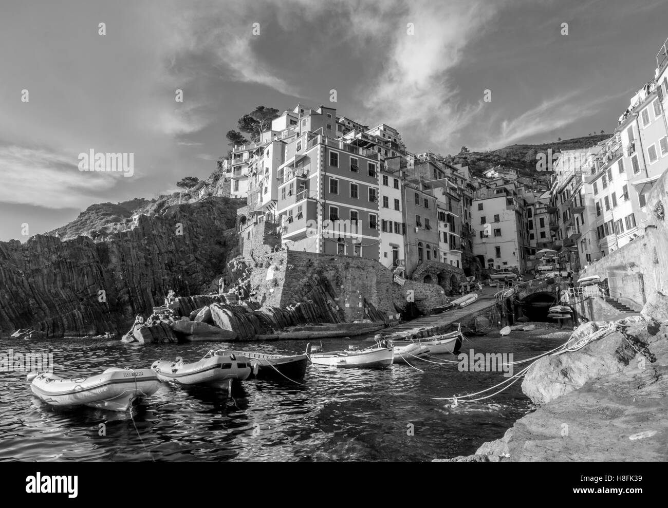 The harbour at Riomaggiore, Cinque Terre, at sunset, Linguria, Italy, September Stock Photo