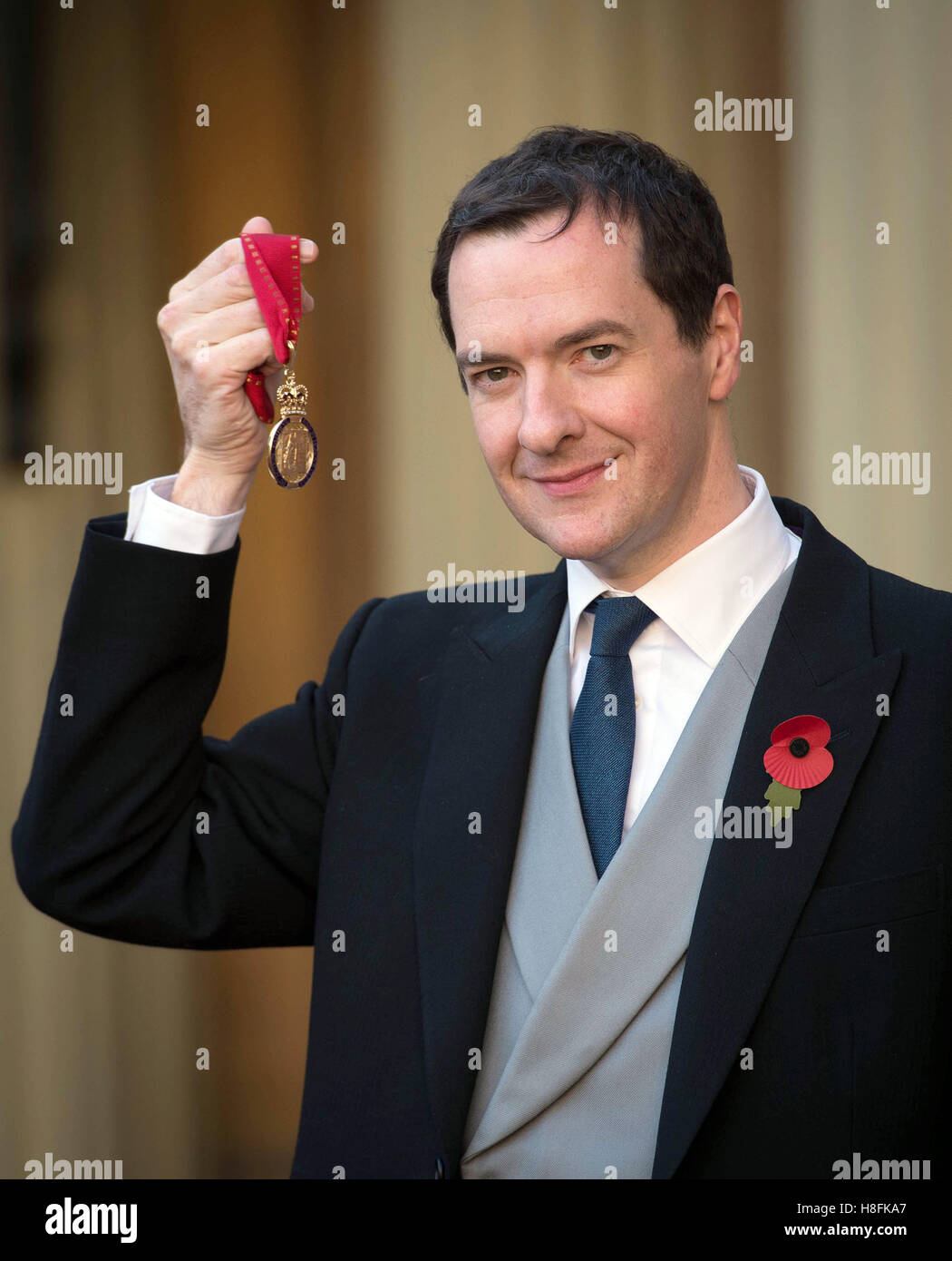Former Chancellor George Osborne with the Order of the Companions of Honour which he received from the Duke of Cambridge at Buckingham Palace, London. Stock Photo