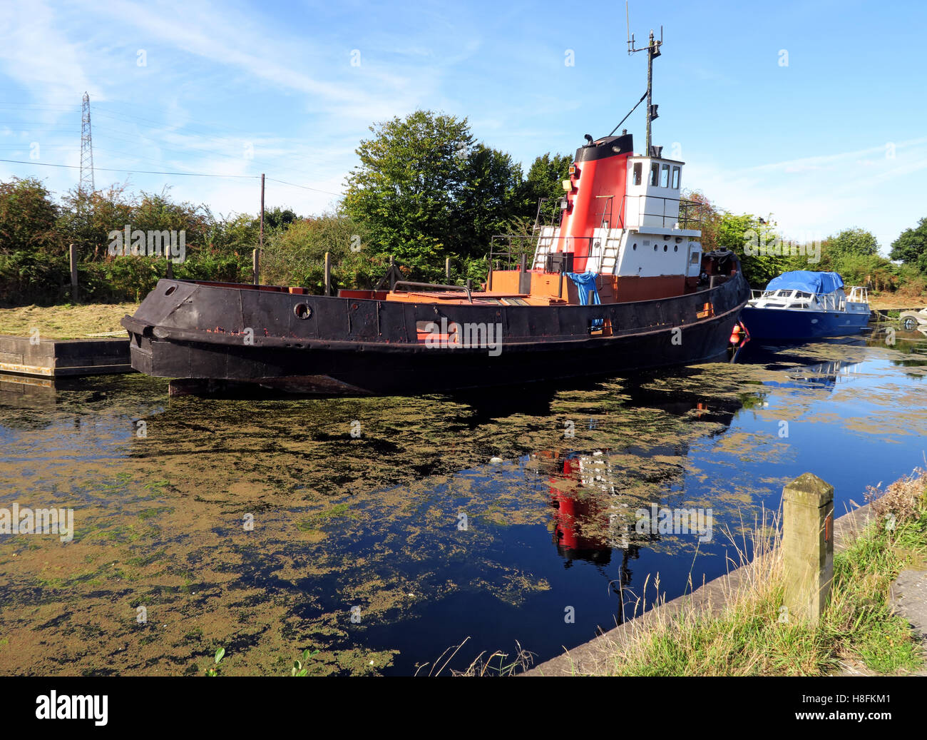 Canal tug at Fidlers Ferry Sailing Club, Penketh, Warrington, Cheshire , England, UK Stock Photo