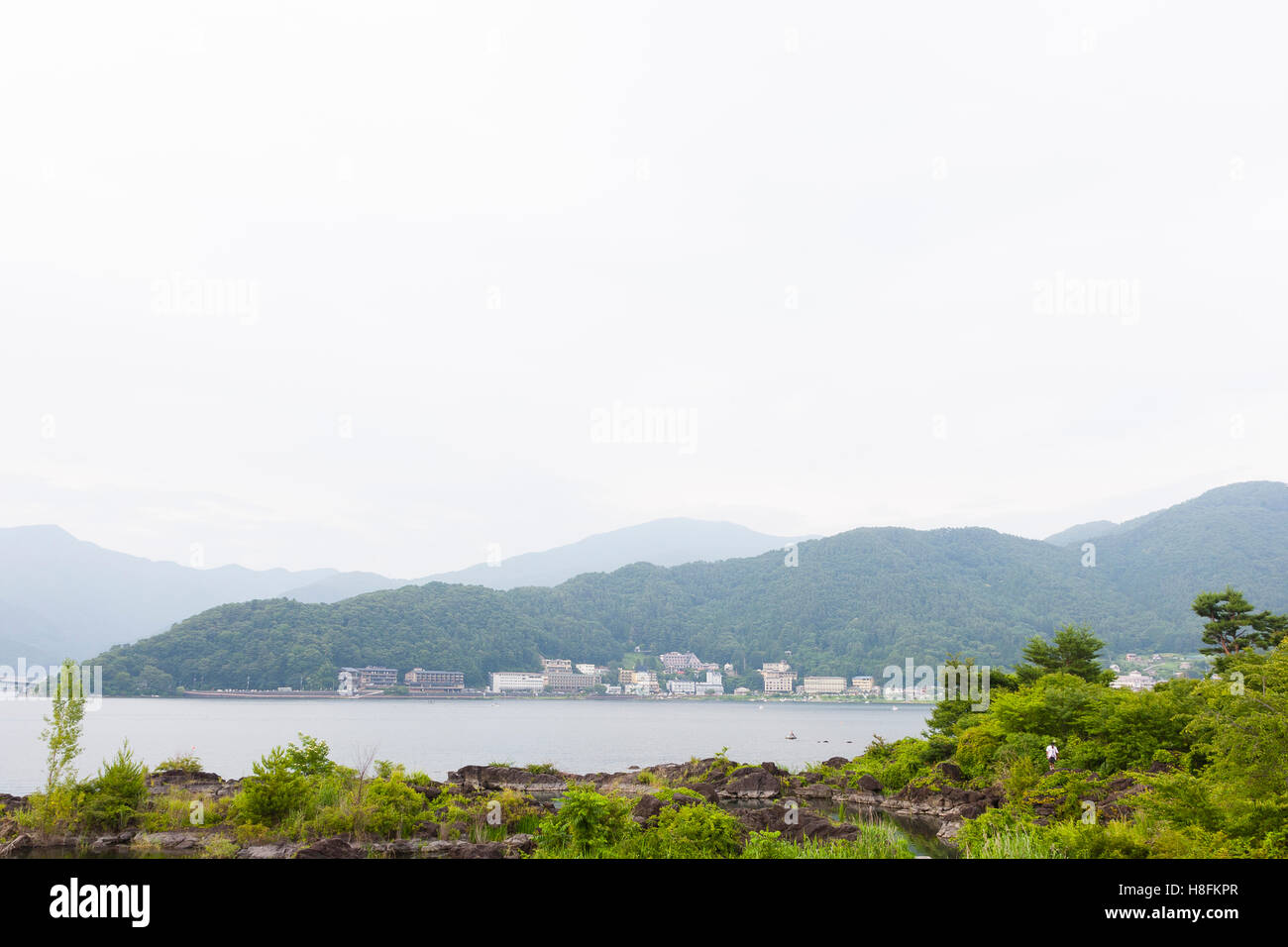 FUJIKAWAGUCHIKO, JAPAN Lake Kawaguchi and surrounding hills. Stock Photo