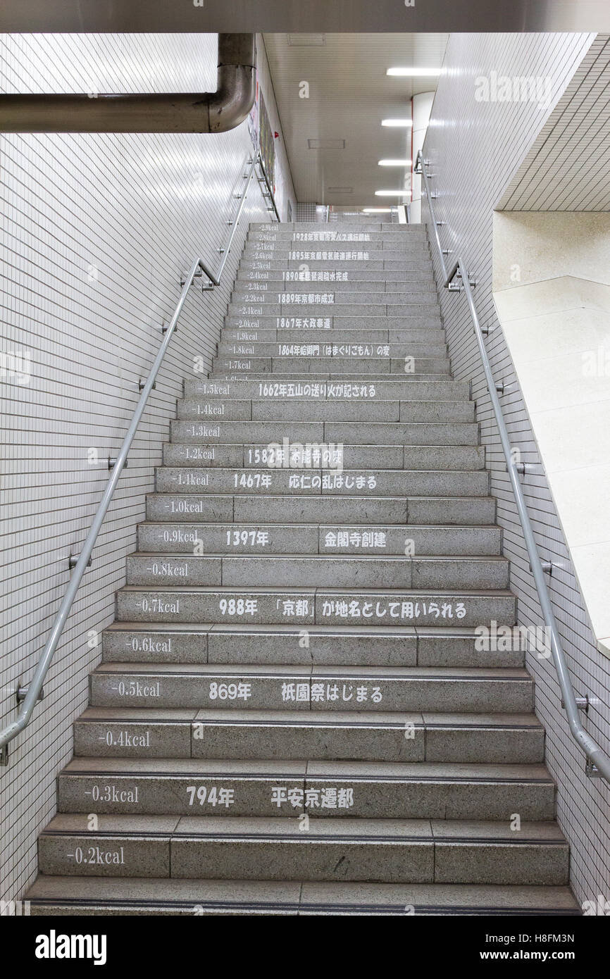 Kyoto, Japan. Stairs indicating the numbers of calories burned per step in Kyoto train station. Stock Photo