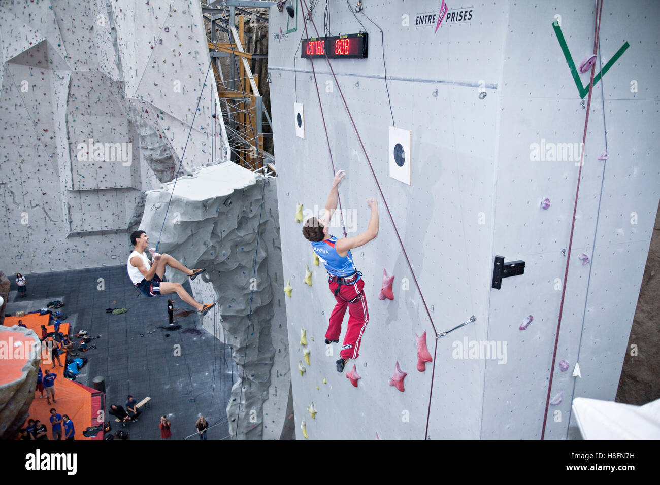 Every second counts! Two men speed climbing International competition Stock Photo