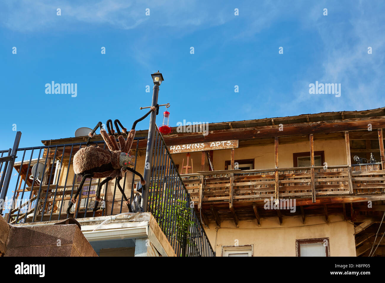 A Giant Halloween Spider Hangs Off The Railings Of The Haskins Apartments, Jerome, Arizona. Stock Photo