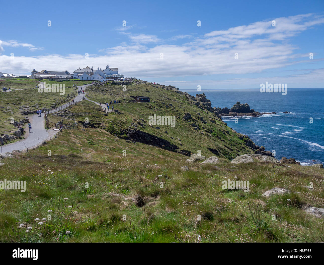 Cliffs and path leading to Lands End in Cornwall. Stock Photo