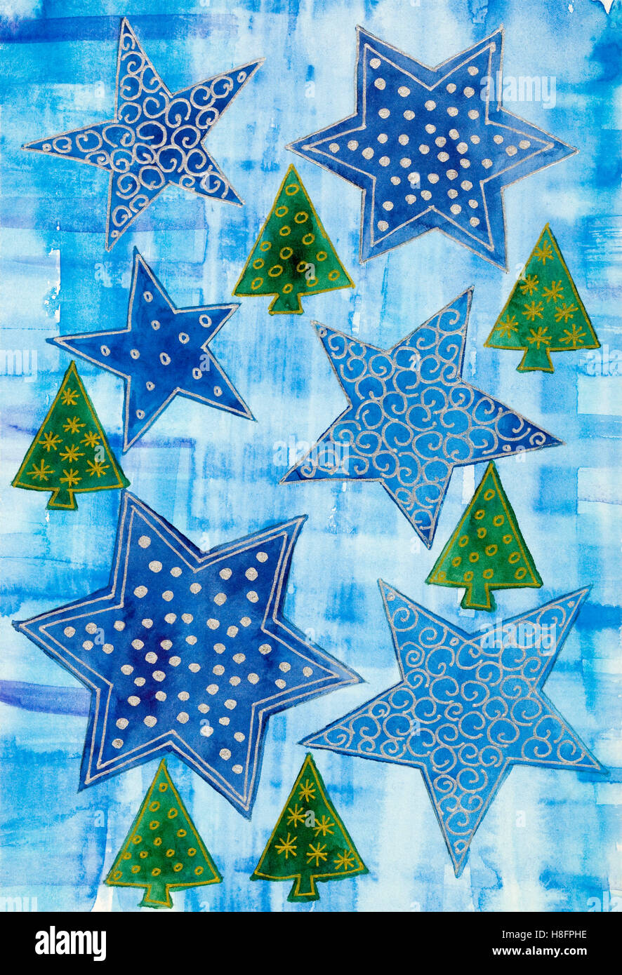 Watercolour of Heidrun Füssenhäuser, 08-2 Christmas motifs, blue stars, firs Stock Photo