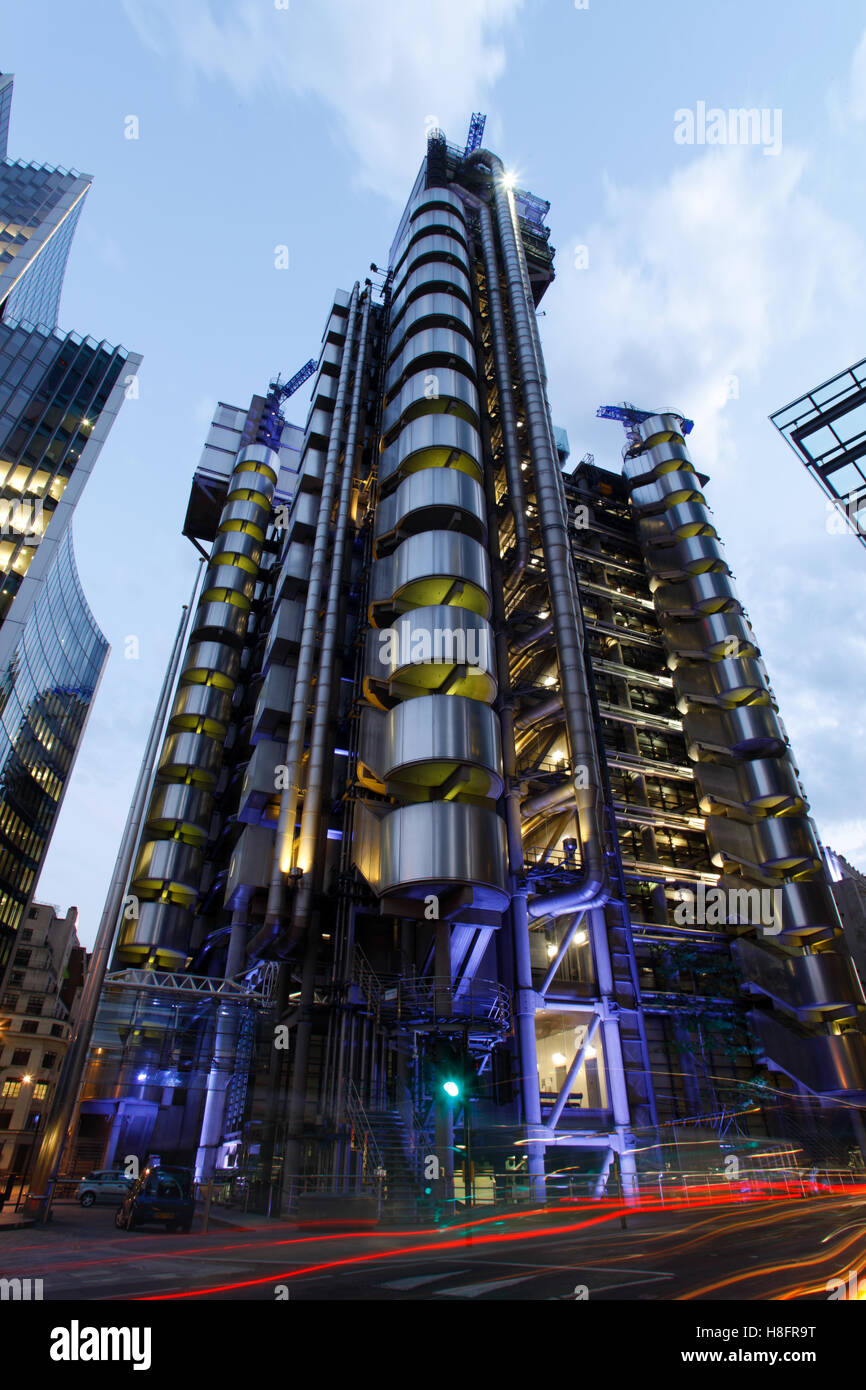 The Lloyd's building in Lime Street London designed by architect Richard Rogers photographed at dusk Stock Photo