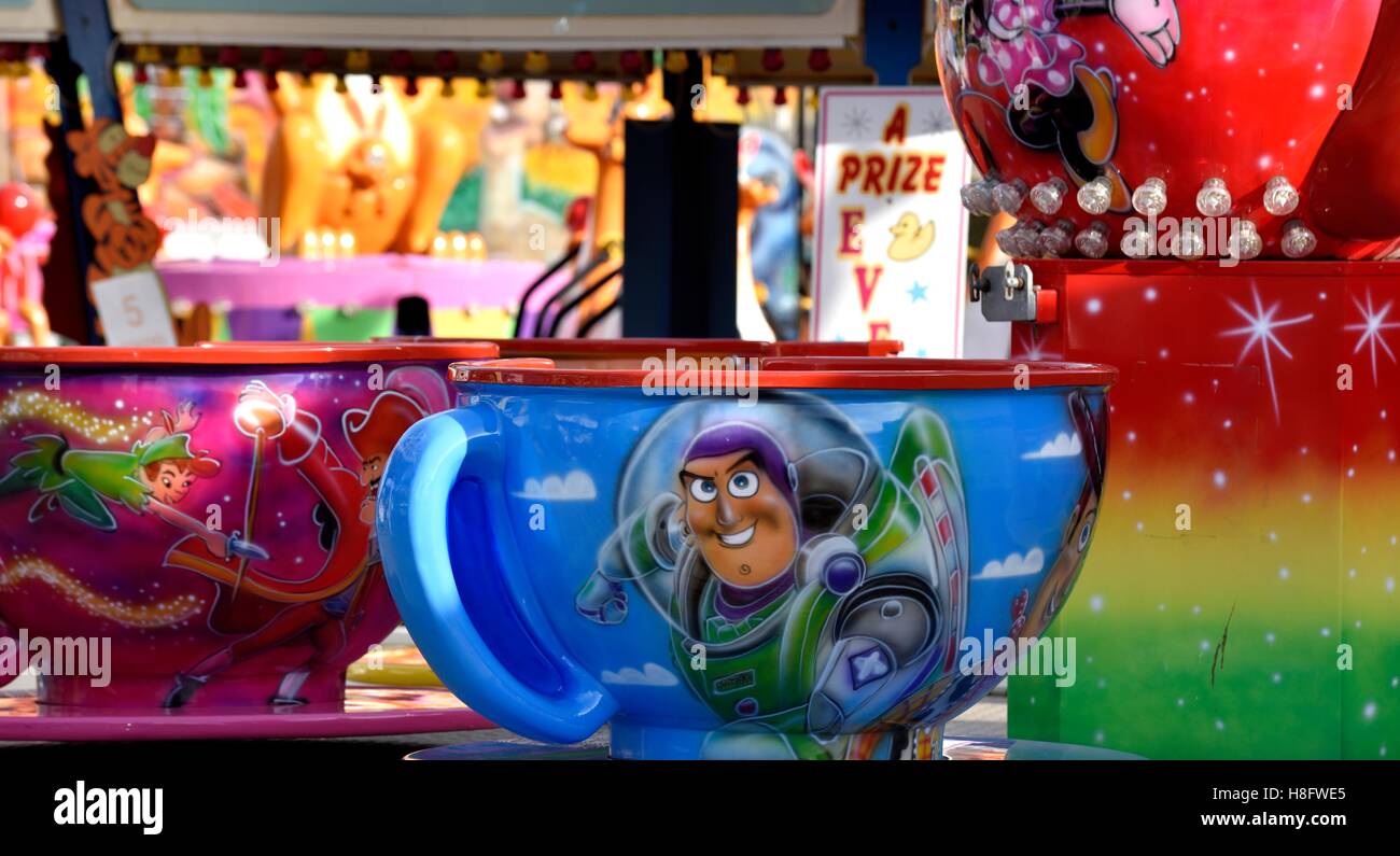 Buzz Lightyear on a fairground cup and saucer ride Stock Photo