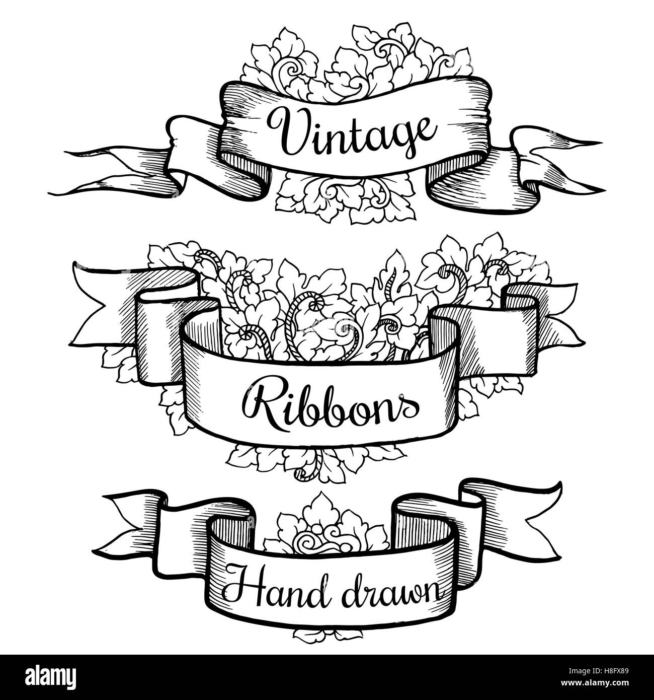 Collection of vintage ribbons. Hand drawn graphic illustrations