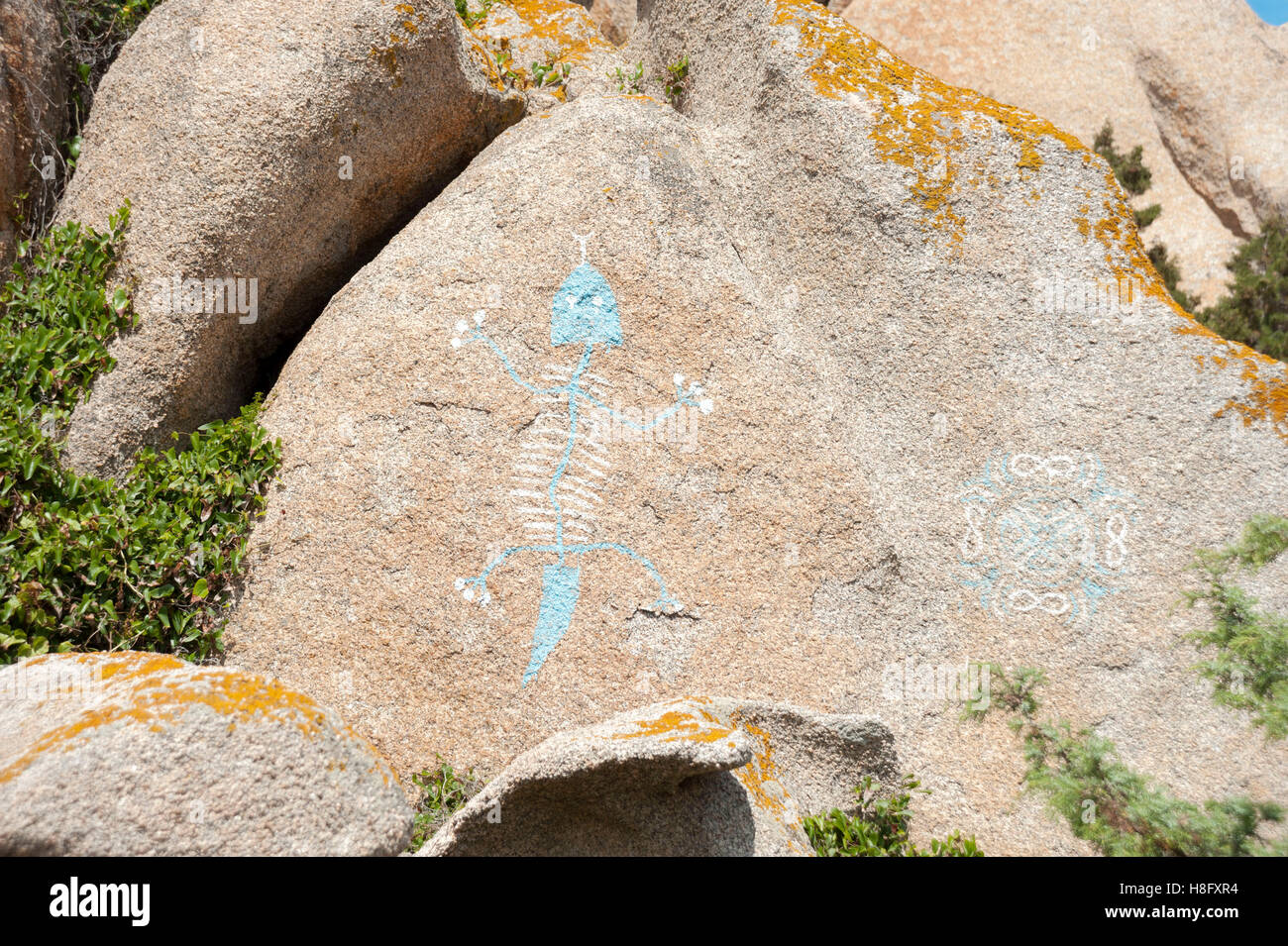 Italy, Sardinia, painting at the entrance of a cave, in the Valle di Luna at the Capo Testa Stock Photo