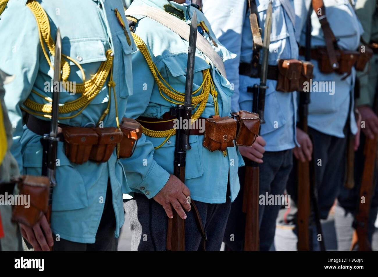 Historical military reenactment with soldier uniforms from World War