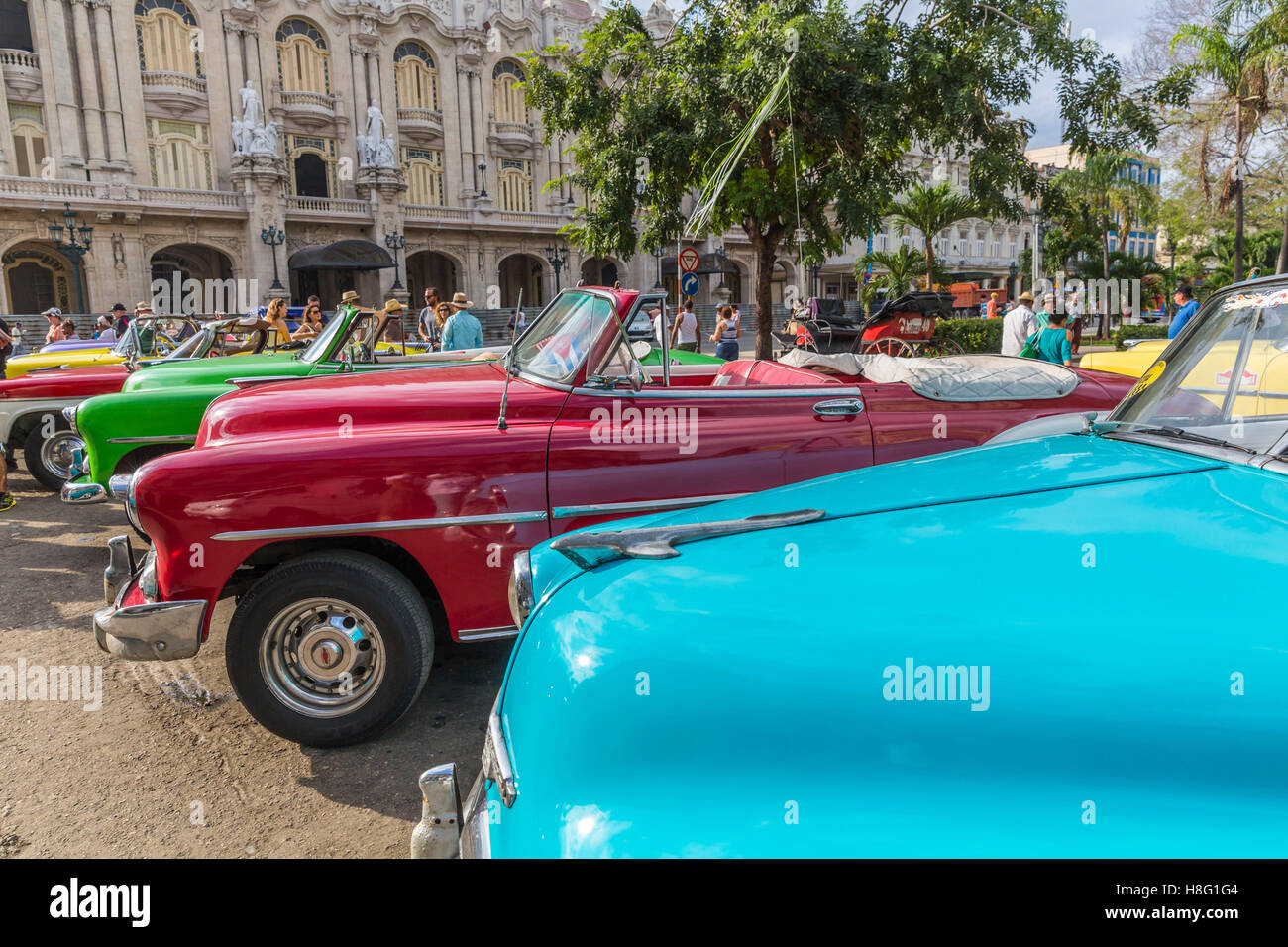 classic car taxis on the streets of Havana, Havana, La Habana, Cuba, the Republic of Cuba the Greater Antilles, the Caribbean Stock Photo
