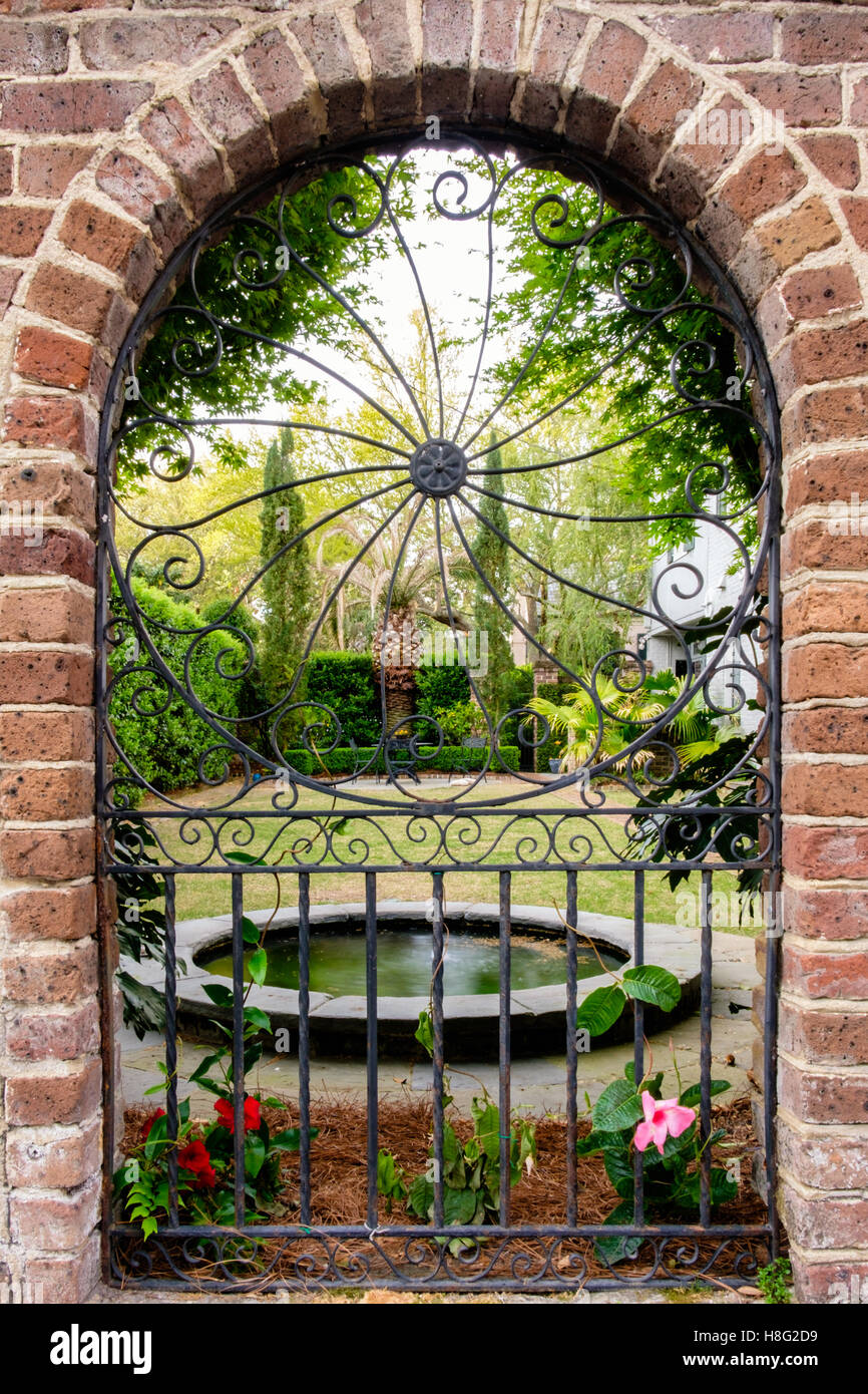 Wrought iron garden gate in the Charleston Historic District, South Carolina Stock Photo