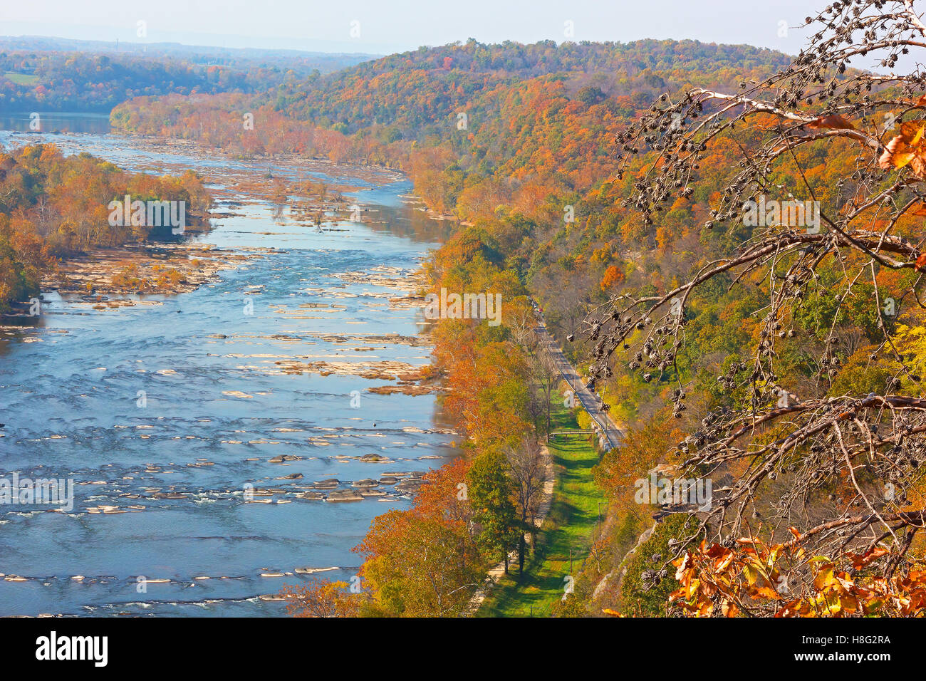 Aerial view on Shenandoah River and Blue Ridge Mountains in Harpers
