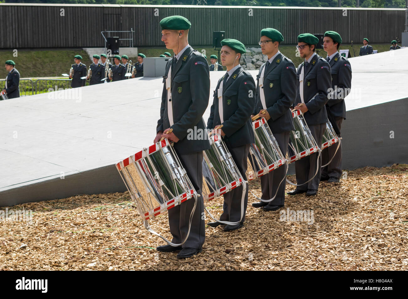 Drummers of the Swiss Army giving a martial music performance on a sunny day. Stock Photo