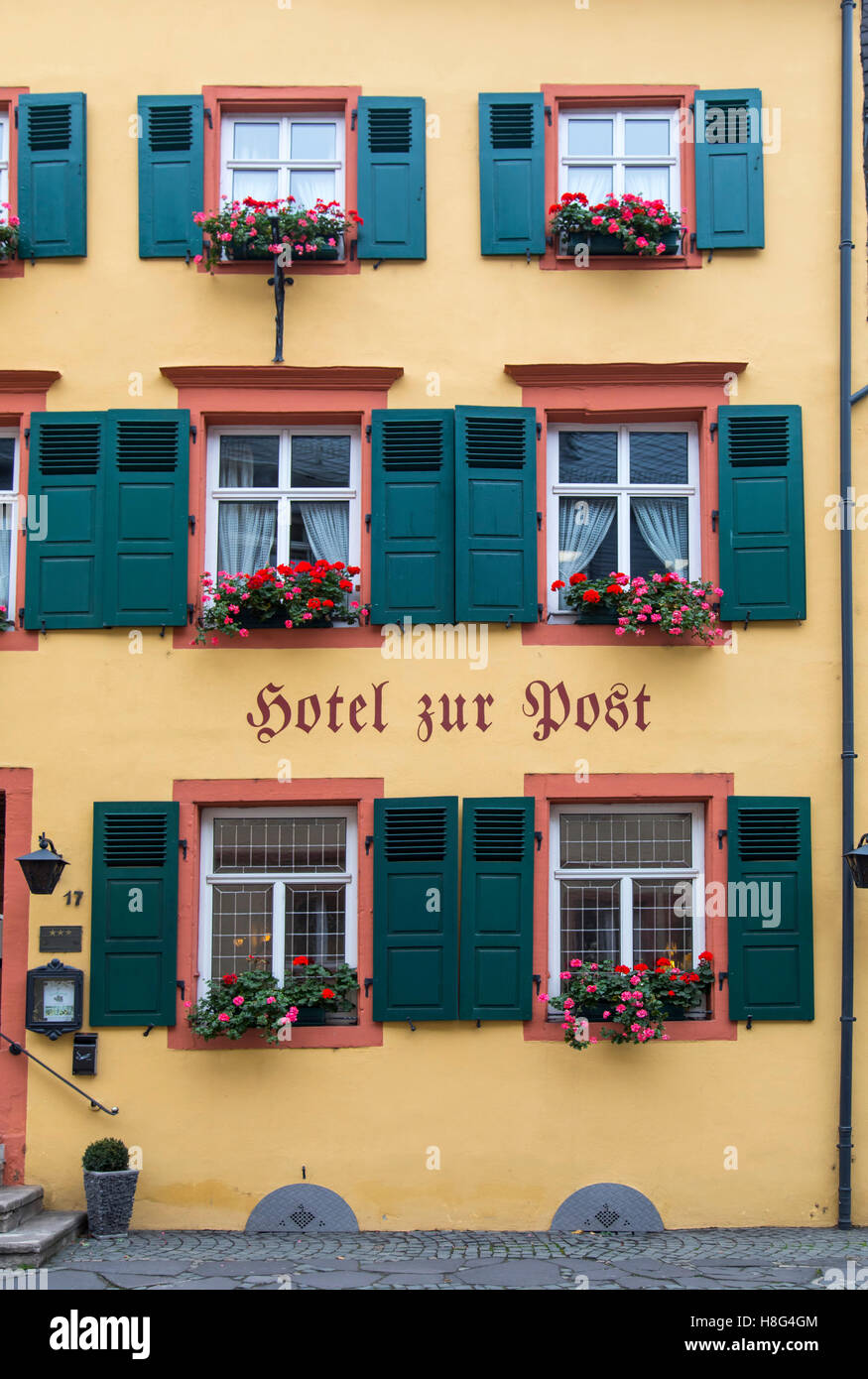 Moselle Valley, autumn, wine town Bernkastel-Kues, facade of the Hotel zur Post, Stock Photo