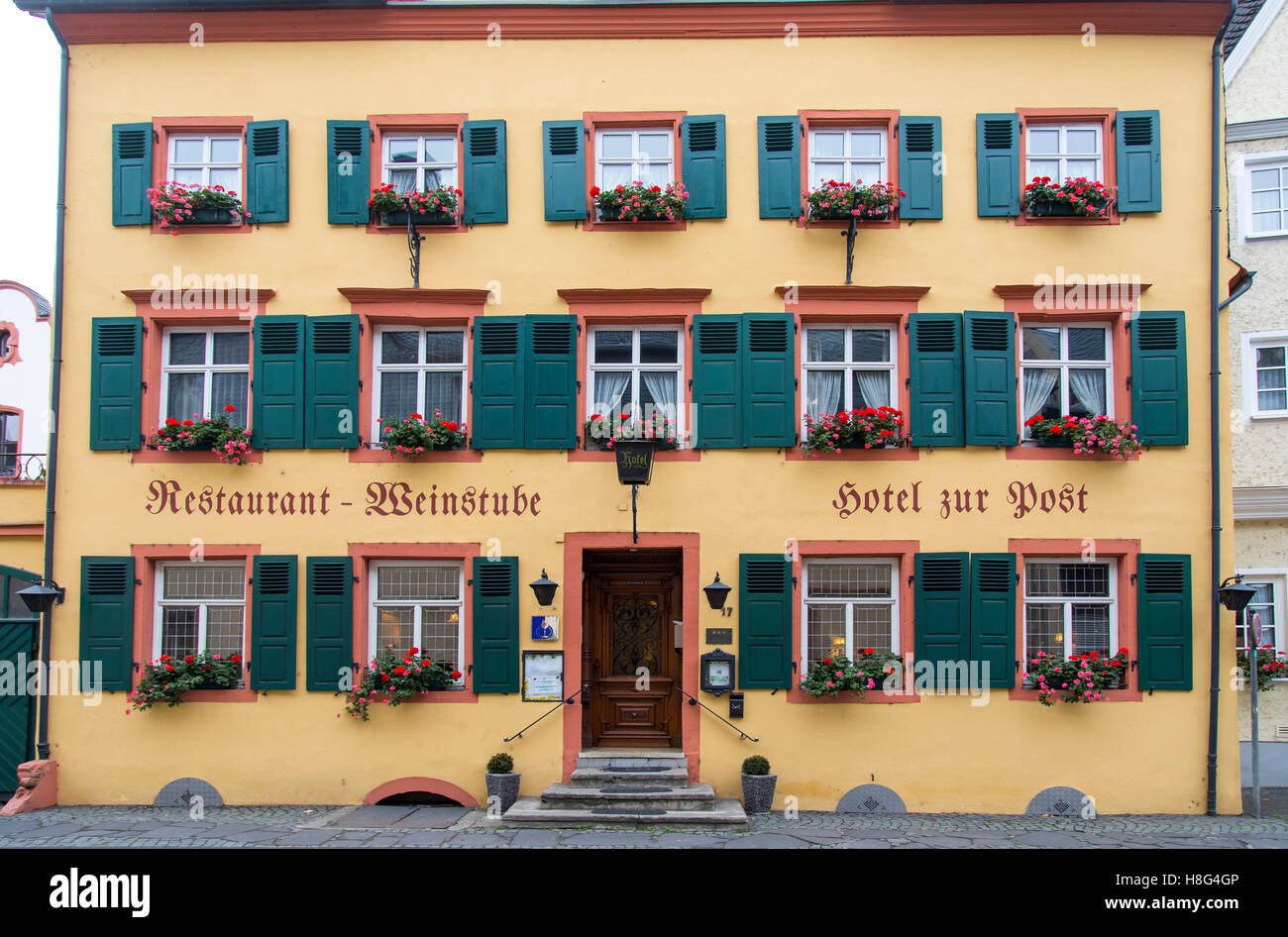 Moselle Valley, autumn, wine town Bernkastel-Kues, facade of the Hotel zur Post, Stock Photo