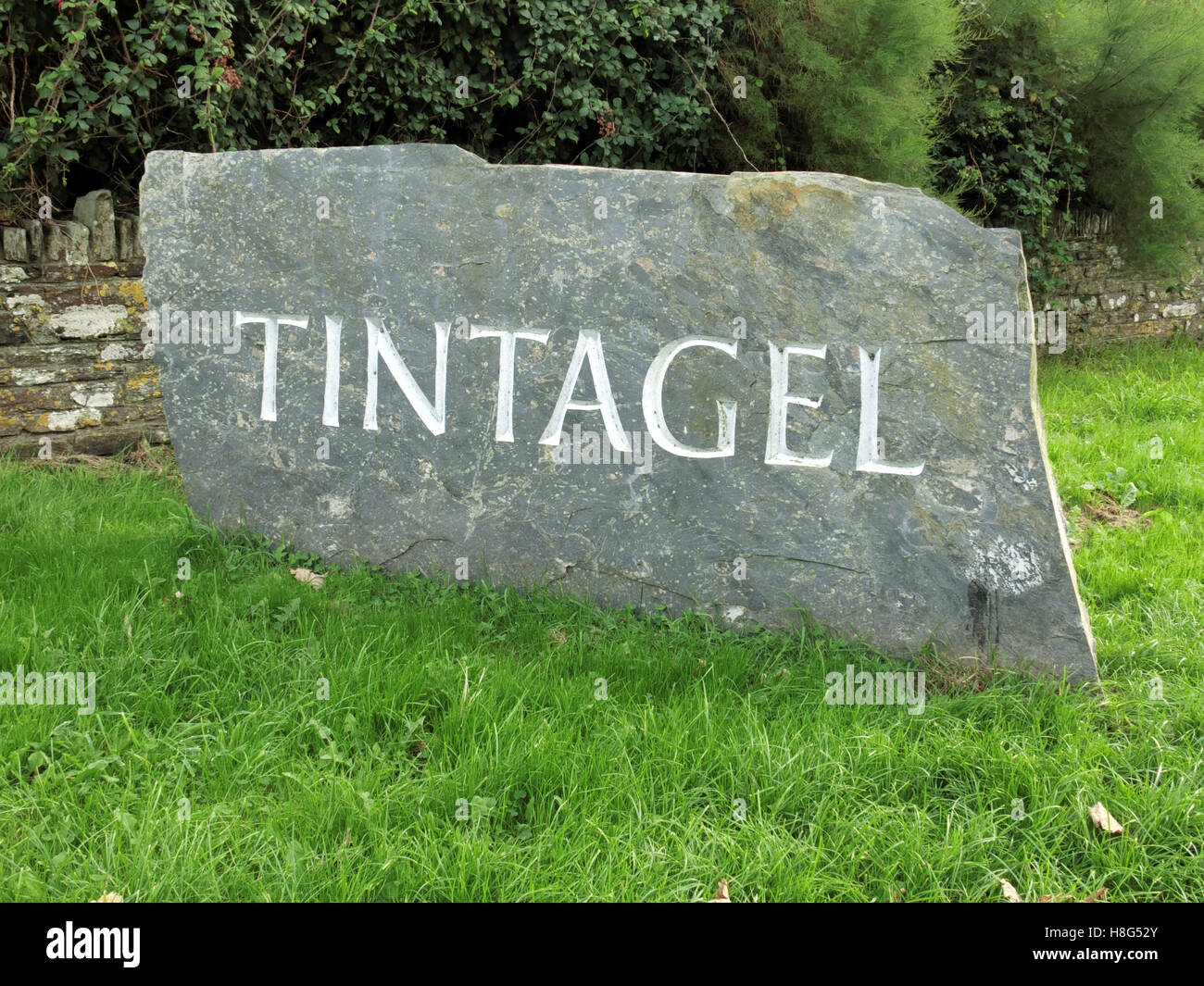 Entrance Sign to Tintagel Village, North Cornwall, England, UK Stock Photo